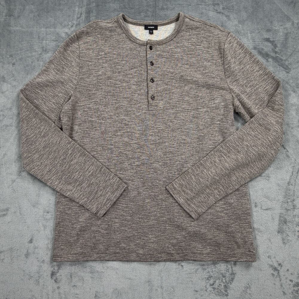 Express Mens Medium Henley Shirt Brown Heather Long Sleeve Casual